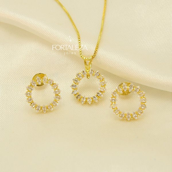 Conjunto Redondo Cravejado em Zircônia Banhado a Ouro 18k