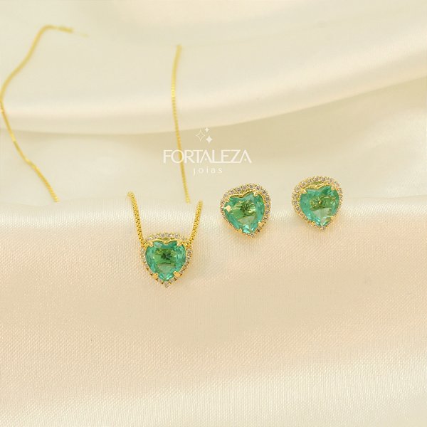 Conjunto de Coração com Zircônias Banhado a Ouro 18k