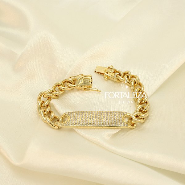 Pulseira com Plaquinha Cravejada Banhado a Ouro 18k