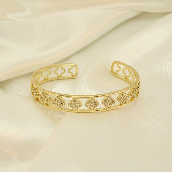Bracelete Trevos Cravejados em Zircônia Banhado a Ouro 18k