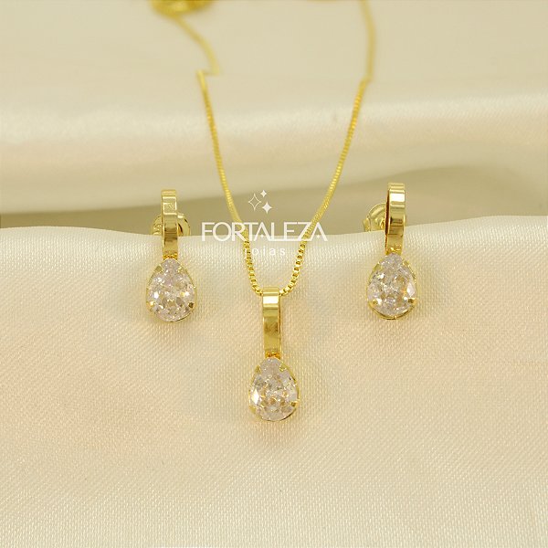 Conjunto de Gota com Zircônia Cristal Banhado a Ouro 18k