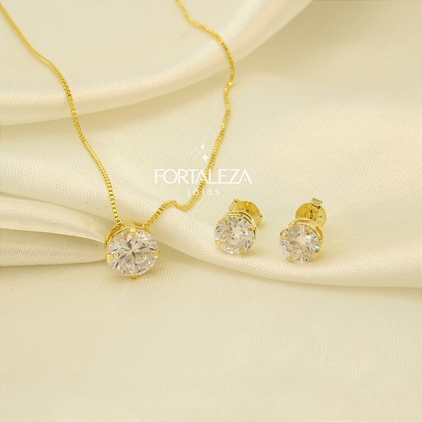 Conjunto Ponto de Luz com Zircônia Banhado a Ouro 18k