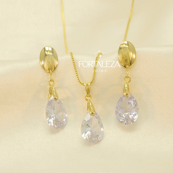 Conjunto Gota de Zircônia Cristal Banhado a Ouro 18k