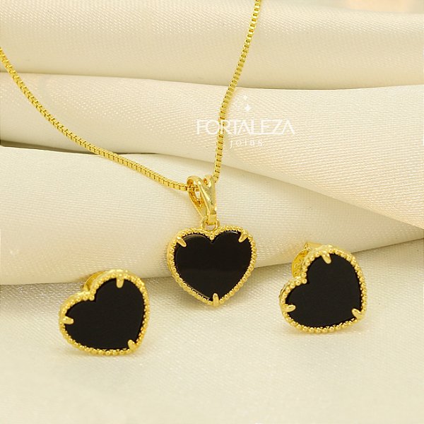 Conjunto de Coração com Resina Banhado a Ouro 18k