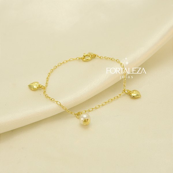Pulseira com Pérola e Coração Banhado a Ouro 18k