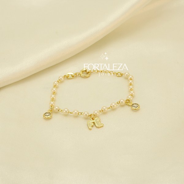 Pulseira Escrito Fé de Pérolas e Zircônia Banhado a Ouro 18k
