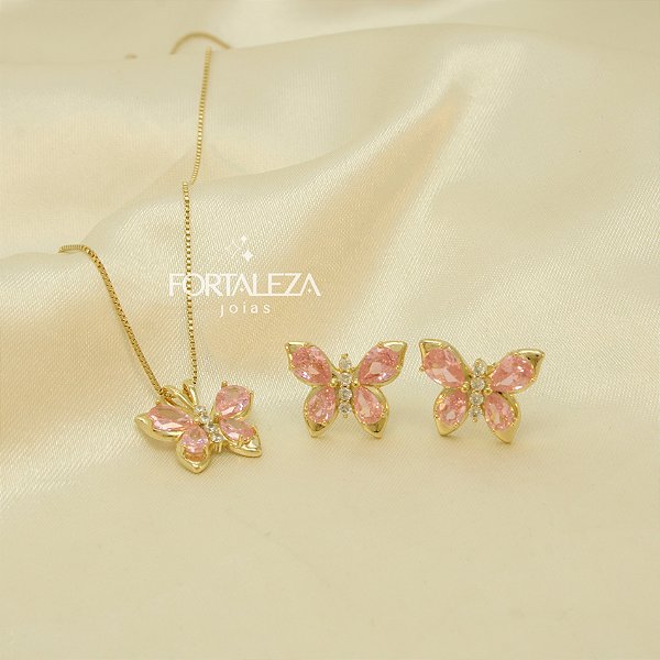 Conjunto Borboleta Cravejada em Zircônia Banhado a Ouro 18k