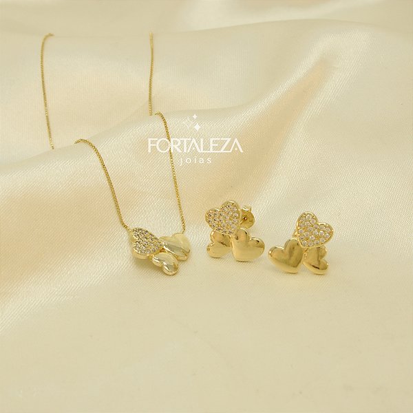 Conjunto de Corações com Zircônia Cristal Banhado a Ouro 18k