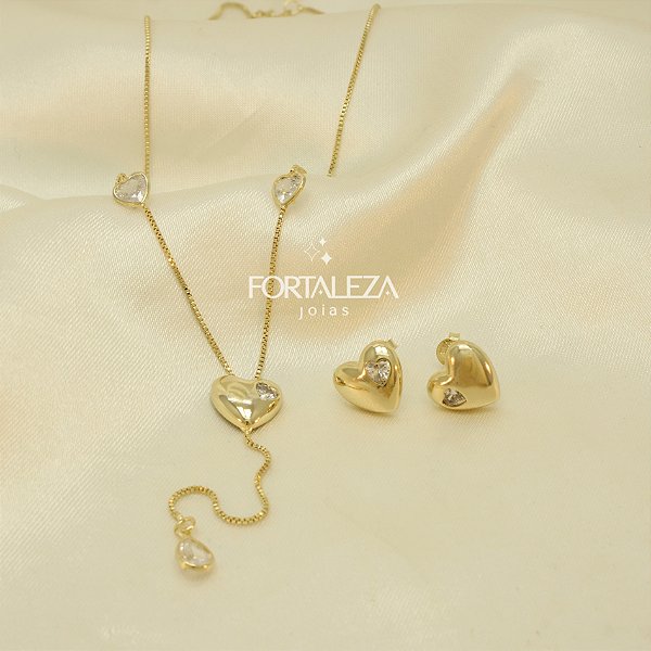 Conjunto Coração com Detalhe em Zircônia Banhado a Ouro 18k