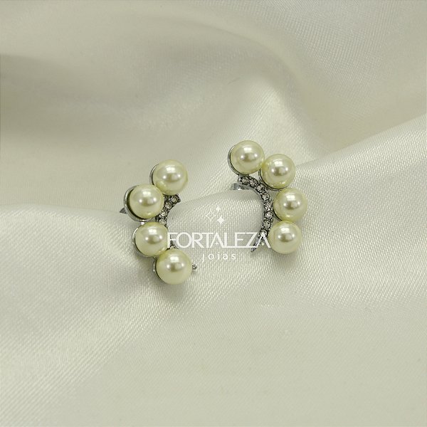 Brinco Ear Cuff Pérolas e Zircônias Banhado a Ouro Branco