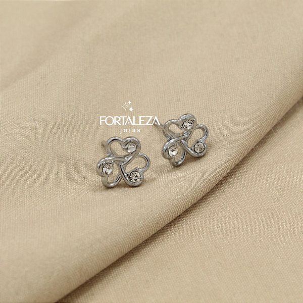 Brinco Trevo com Detalhe em Zircônia Banhado a Ouro Branco