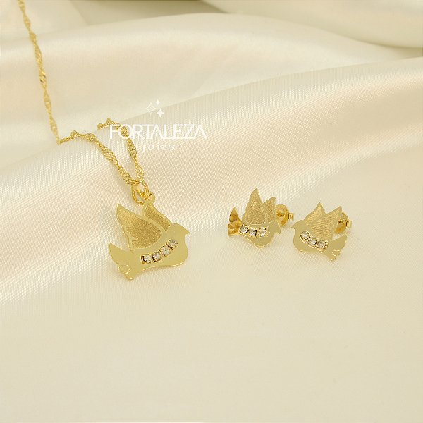 Conjunto Espírito Santo com Zircônia Banhado a Ouro 18k