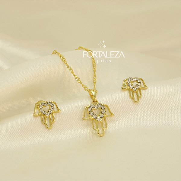 Conjunto Mão de Fátima com Zircônia Banhado a Ouro 18k