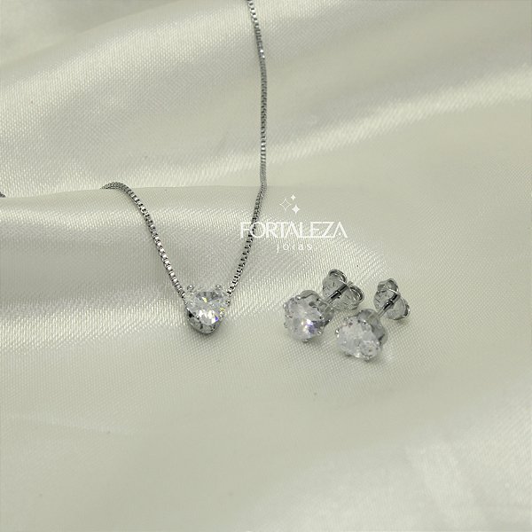 Conjunto Coração com Zircônia Cristal Banhado a Ouro Branco