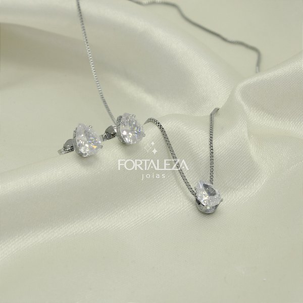 Conjunto de Gota com Zircônia Cristal Banhado a Ouro Branco