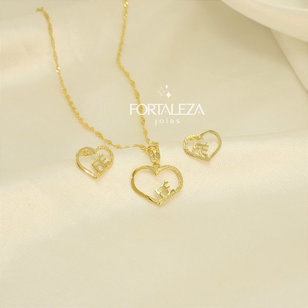 Conjunto de Coração Escrito Fé Banhado a Ouro 18k
