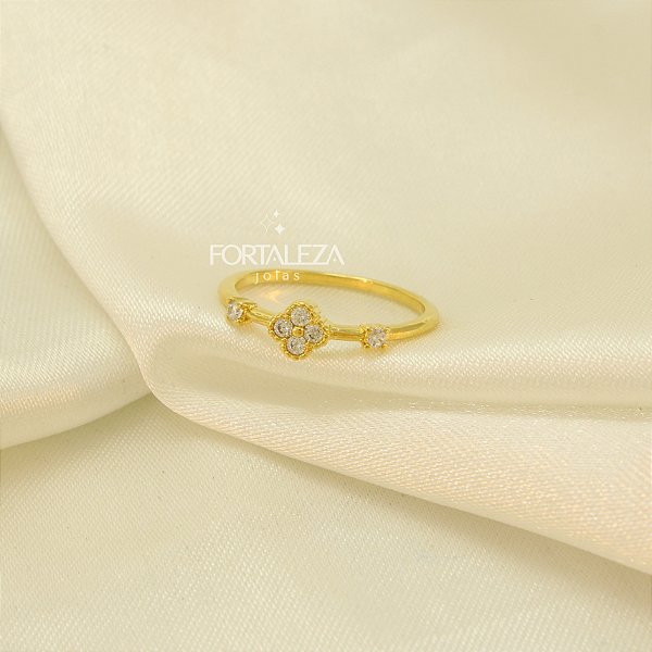 Anel de Trevo com Zircônia Cristal Banhado a Ouro 18k