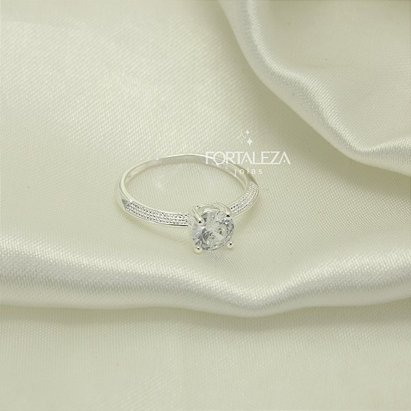 Anel Solitário com Zircônia Cristal Banhado a Prata 925
