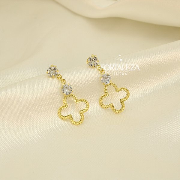 Brinco Trevo Vazado com Zircônia Cristal Banhado a Ouro 18k