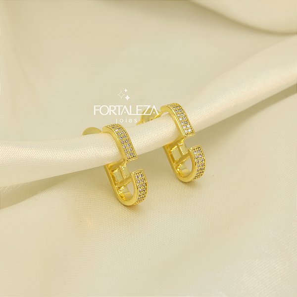 Brinco Argola Geométrico Cravejado e Banhado a Ouro 18k