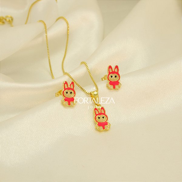 Conjunto Labubu Resinado Banhado a Ouro 18k