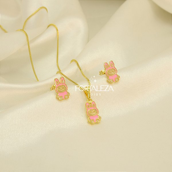 Conjunto Labubu Resinado Banhado a Ouro 18k