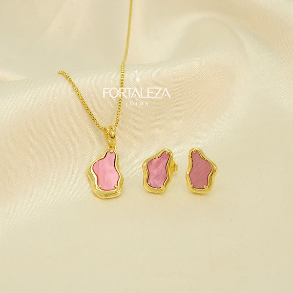 Conjunto Orgânico com Resina Banhado a Ouro 18k