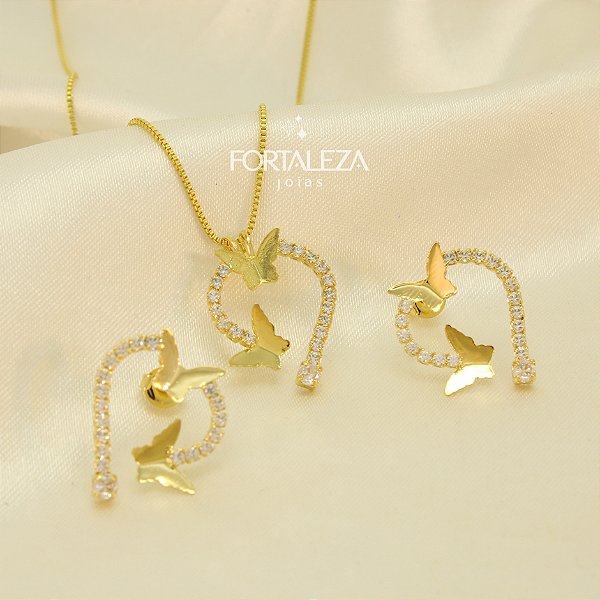 Conjunto Borboletas Cravejado em Zircônia Banhado a Ouro 18k