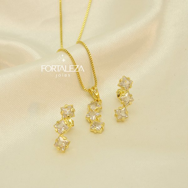 Conjunto Geométrico com Zircônia Cristal Banhado a Ouro 18k