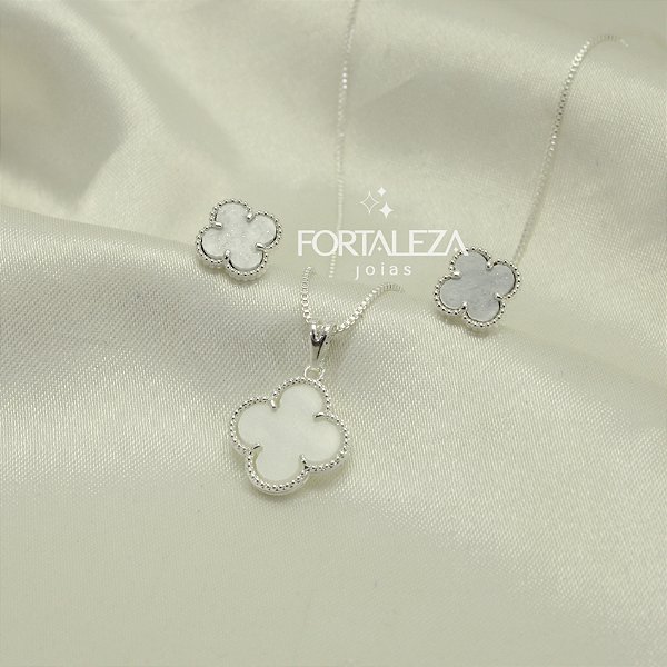 Conjunto Trevo com Resina Banhado a Prata