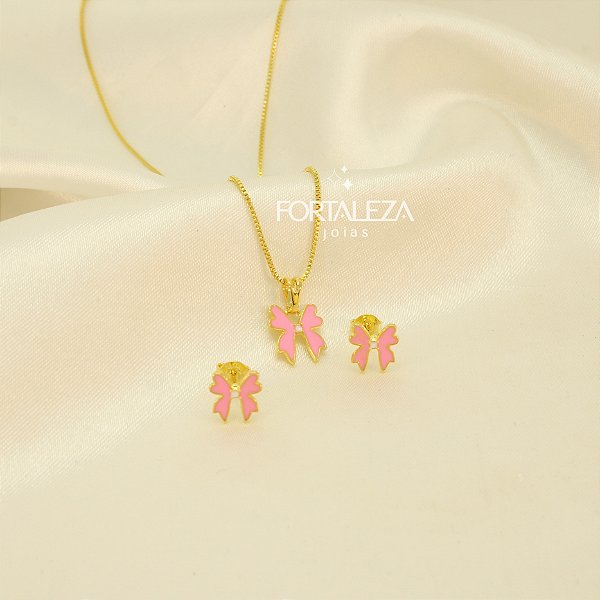 Conjunto de Laço Resinado Banhado a Ouro 18k