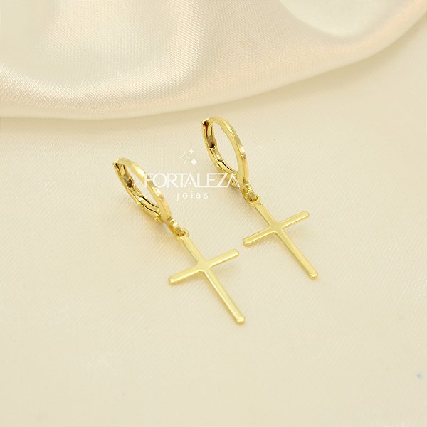 Brinco Argola Tranqueta de Cruz Banhado a Ouro 18k