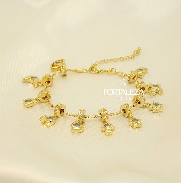 Pulseira de Berloques com Zircônia Banhado a Ouro 18k