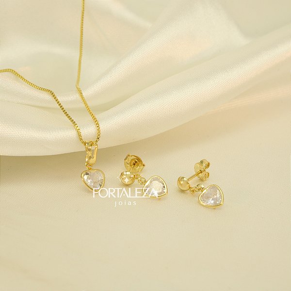 Conjunto de Coração com Zircônia Cristal Banhado a Ouro 18k