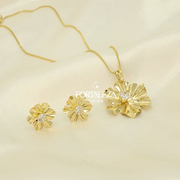 Conjunto de Flor com Zircônia Cristal Banhado a Ouro 18k