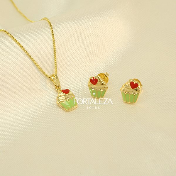 Conjunto Cupcake Resinado e Banhado a Ouro 18k