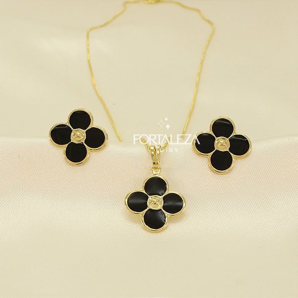 Conjunto Flor Resinada Banhado a Ouro 18k