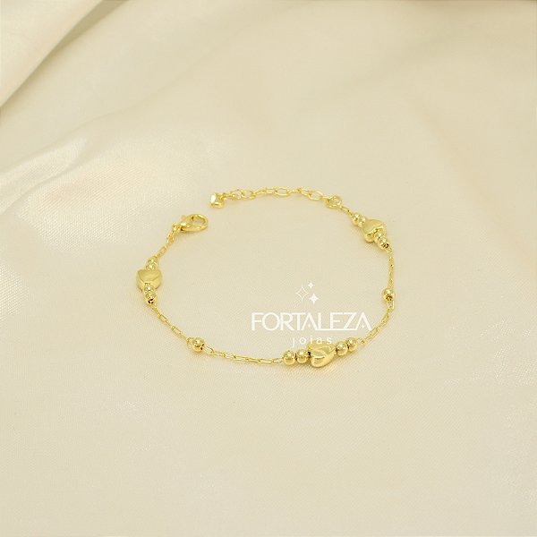 Pulseira de Corações e Bolinhas Banhado a Ouro 18k
