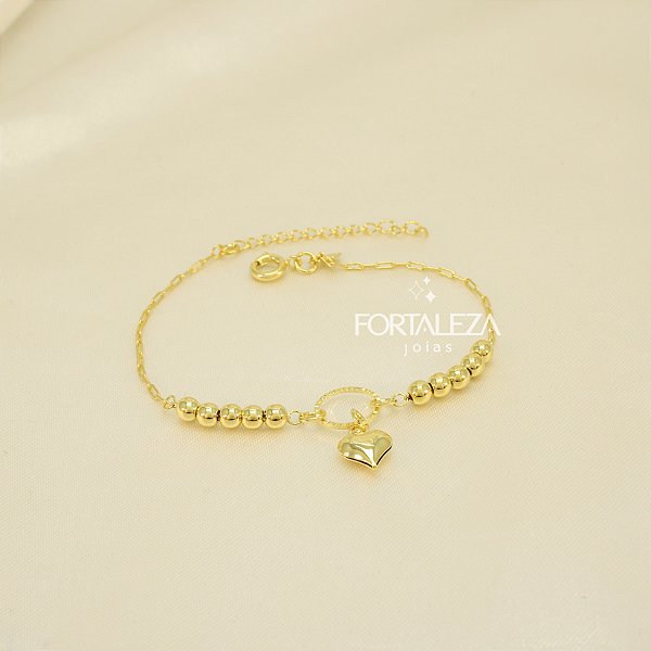 Pulseira de Coração com Bolinhas Banhado a Ouro 18k