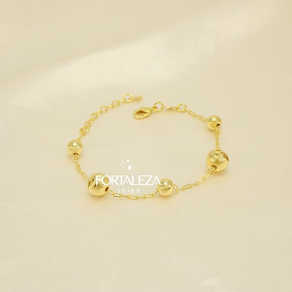Pulseira Bolinha Granulada Trabalhada e Banhado a Ouro 18k