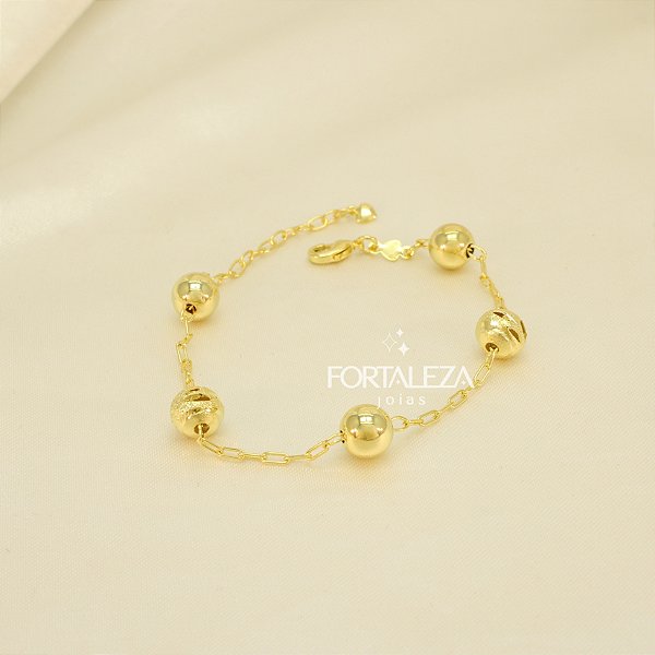 Pulseira Bolinha Polida e Granulada Banhado a Ouro 18k