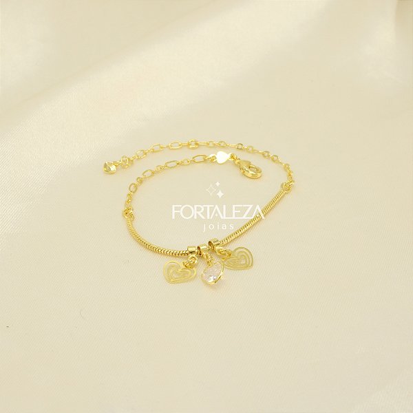 Pulseira de Corações Vazados e Zircônia Banhado a Ouro 18k