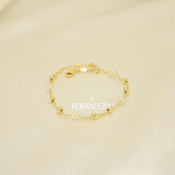 Pulseira de Pérolas e Bolinhas Polidas Banhado a Ouro 18k