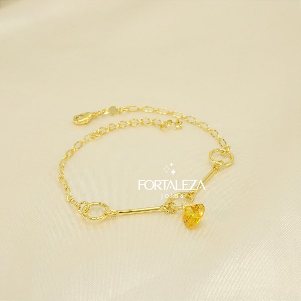Pulseira com Coração de Zircônia Citrino Banhado a Ouro 18k