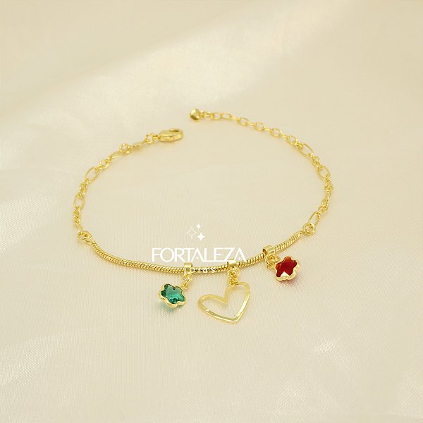 Pulseira com Coração e Flor de Zircônia Banhado a Ouro 18k