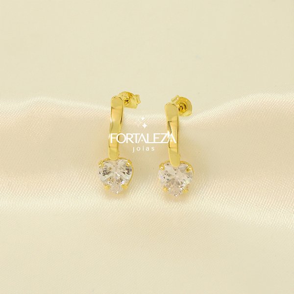 Brinco com Coração de Zircônia Cristal Banhado a Ouro 18k