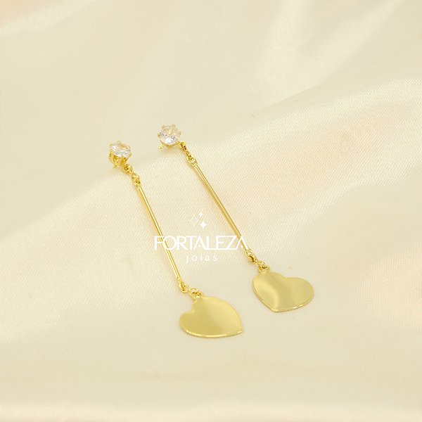Brinco Pêndulo com Coração Chapeado Banhado a Ouro 18k