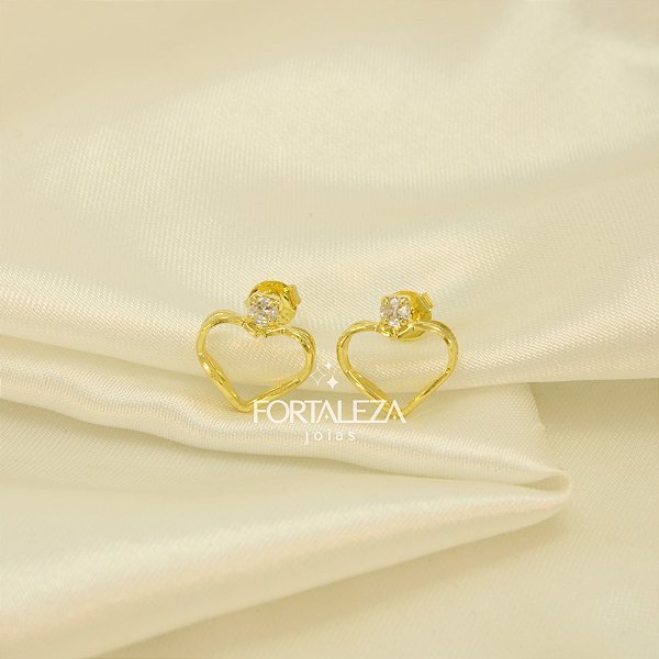 Brinco Coração 13mm Vazado com Zircônia Banhado a Ouro 18k