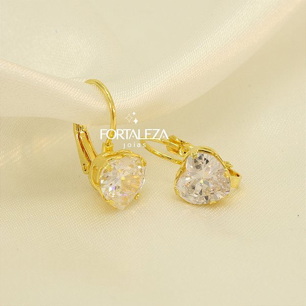 Brinco com Coração de Zircônia Cristal Banhado a Ouro 18k