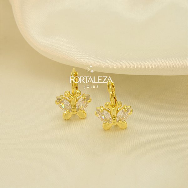 Brinco de Borboleta com Zircônia Cristal Banhado a Ouro 18k